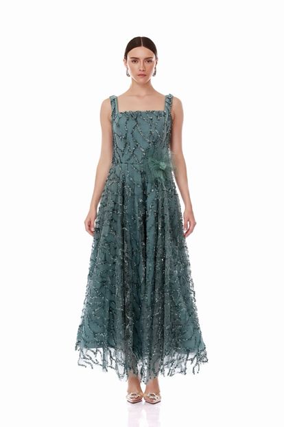 Robe de soirée brodée menthe